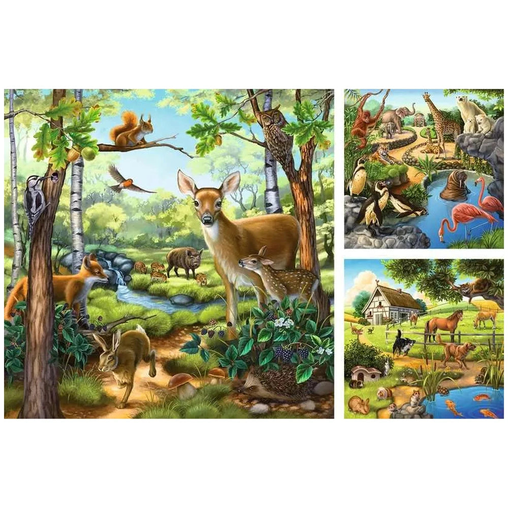 Ravensburger puzzle features three vibrant animal scenes showcasing deer, squirrels, birds, and fish in natural settings.