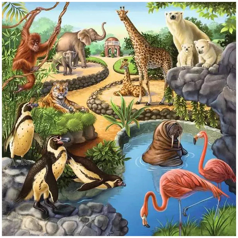Ravensburger puzzle featuring a vibrant tropical scene with diverse animals including giraffes, bears, penguins, and flamingo