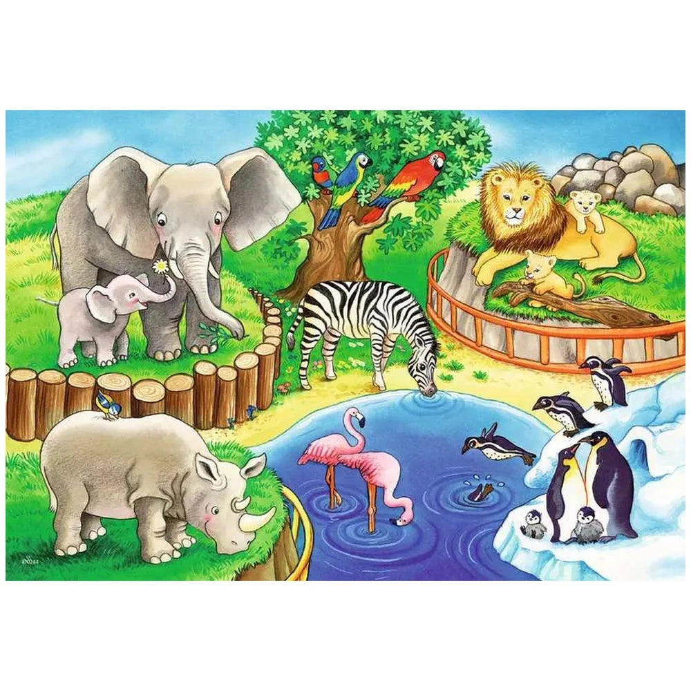 Ravensburger puzzle features a vibrant illustration of zoo animals including an elephant, zebra, flamingo, rhino, and giraffe