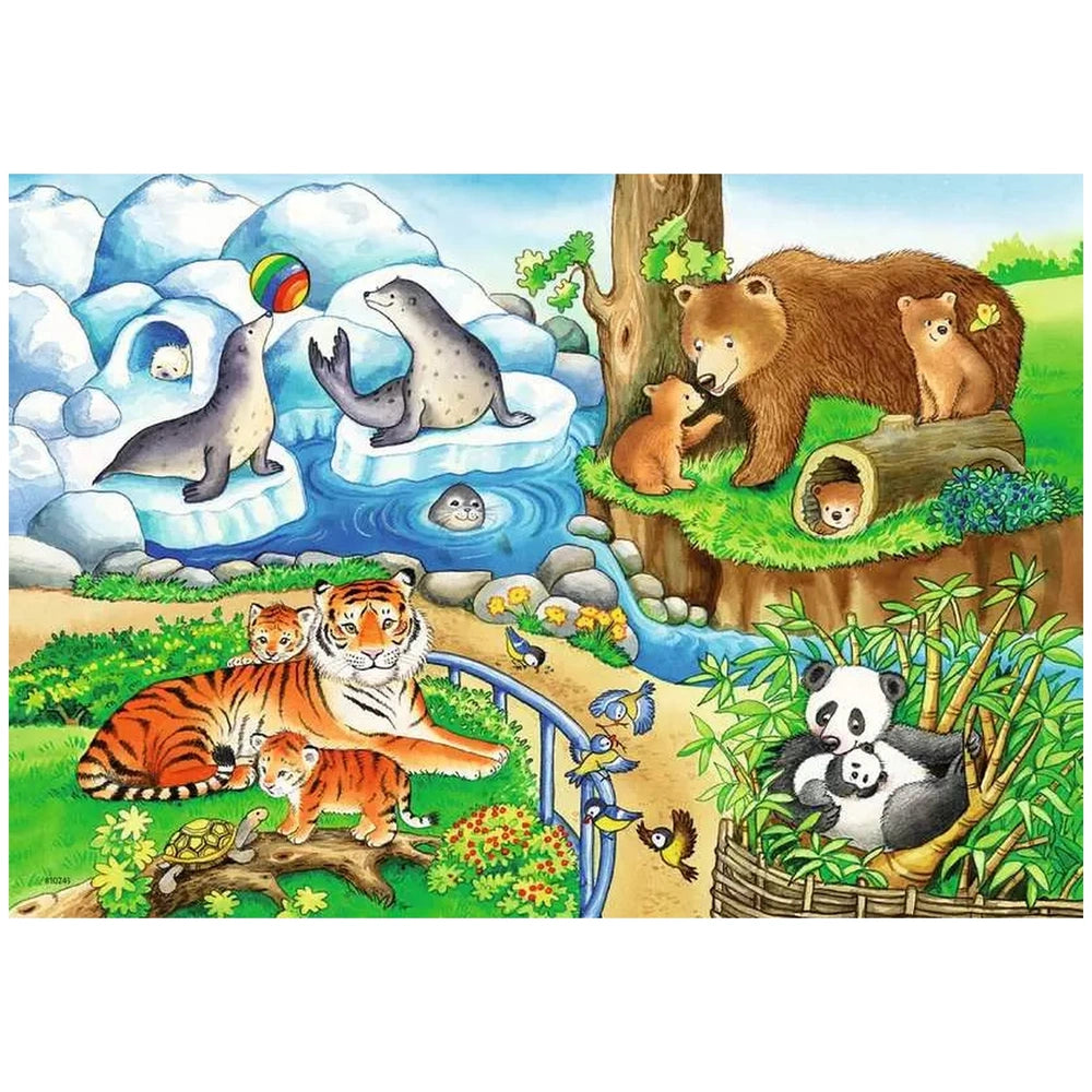 Ravensburger puzzle features a vibrant zoo scene with seals, bears, tigers, and various birds in a colorful natural habitat.