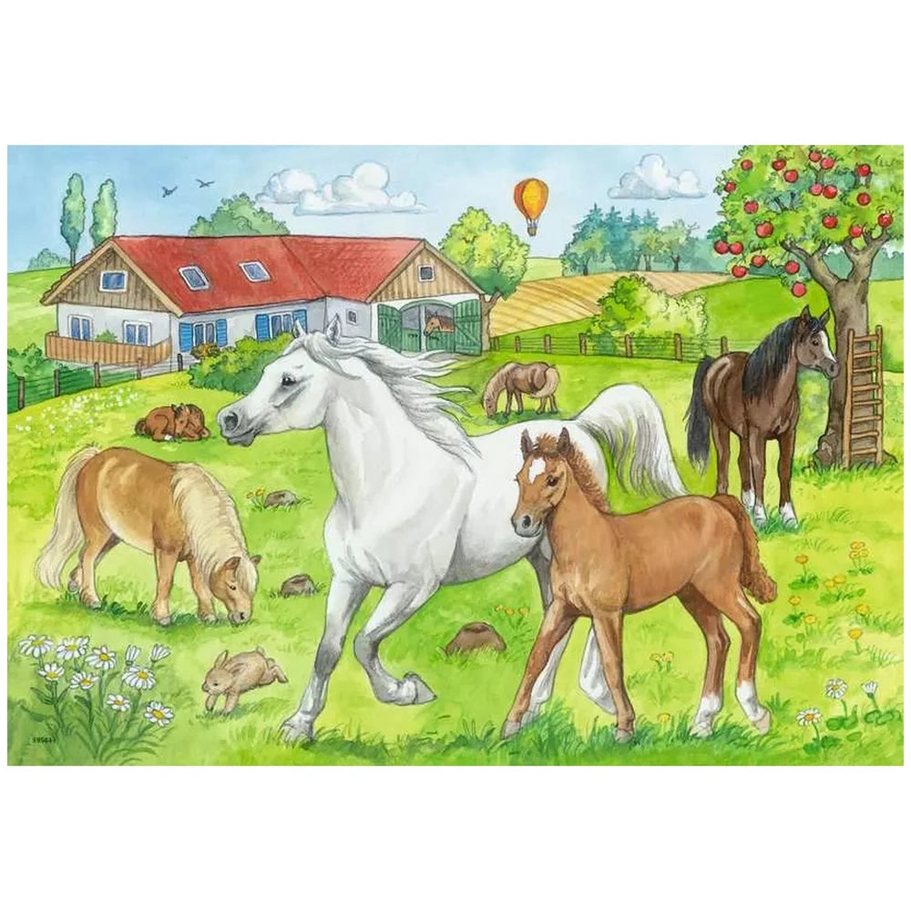 Ravensburger puzzle features a vibrant pastoral scene with various animals, a red barn, and a green field.