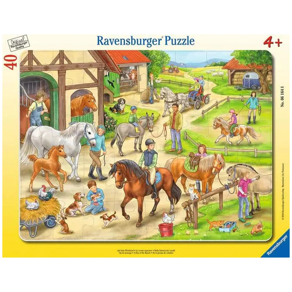 Ravensburger puzzle box features a vibrant farm scene with horses, dogs, chickens, and people engaging in rural activities.