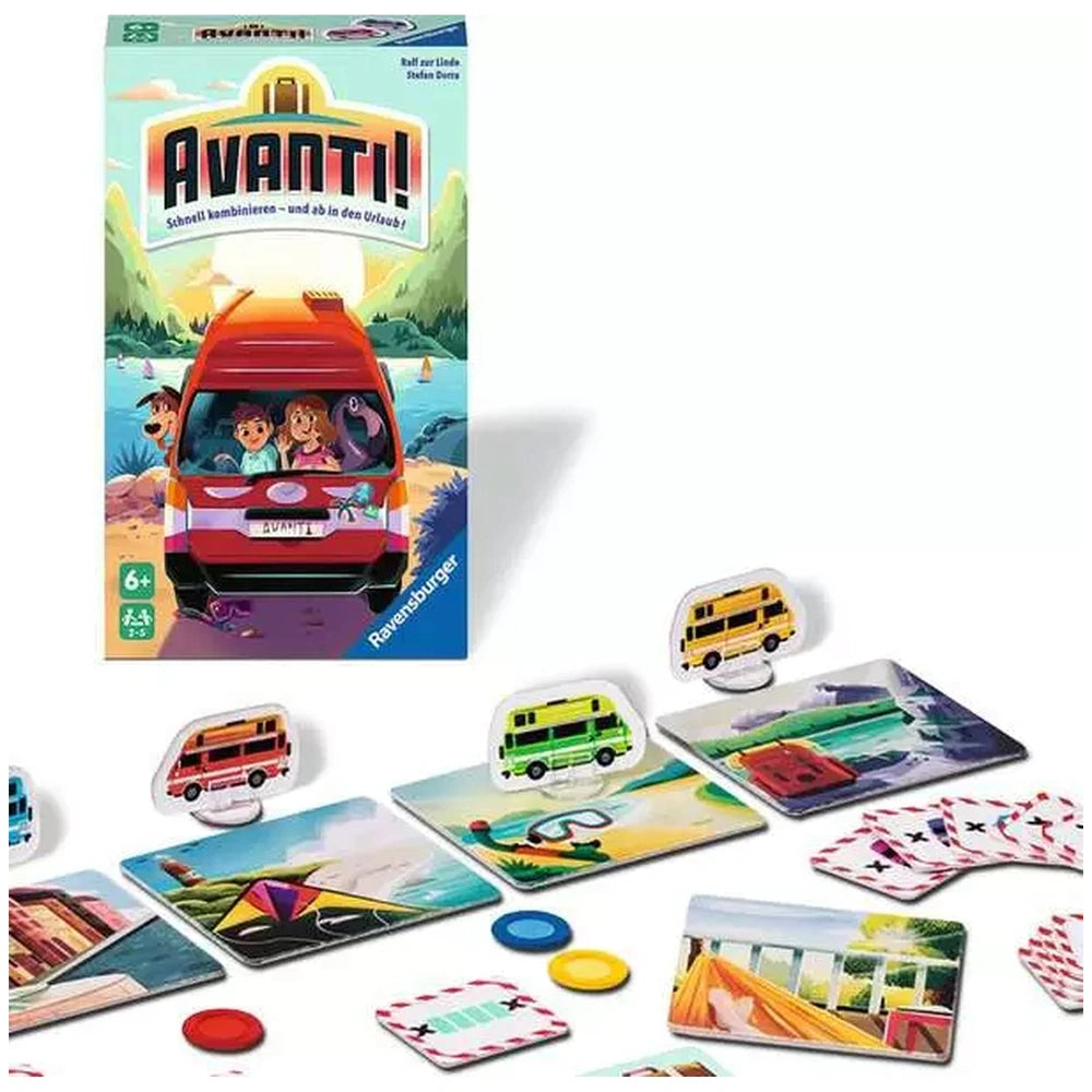 Ravensburger Avanti! board game with vibrant box art featuring a red van, children, and a beach scene, alongside scattered pl