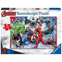 Ravensburger Avengers giant floor puzzle box features vibrant comic book art with iconic characters in action poses.
