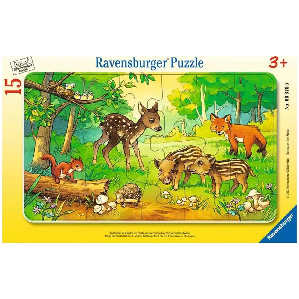 Ravensburger Baby Forest Animals puzzle box showcases a vibrant forest scene with cartoon-style animals and colorful surround