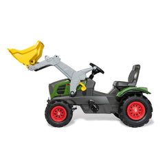Rolly Farmtrac Fendt 211 Vario ride-on toy tractor features a gray body, green and yellow accents, and a yellow scoop attachm