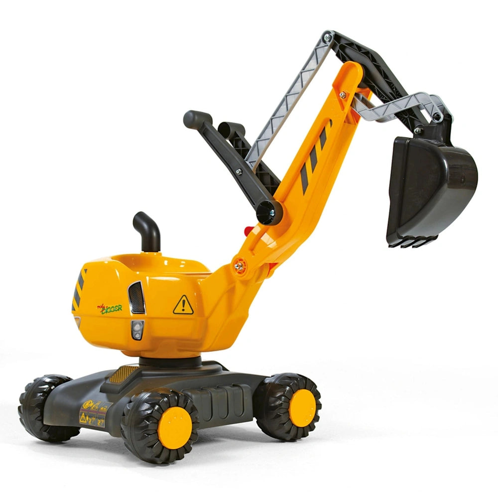 Rollydigger excavator in bright yellow and black, positioned with an extended arm and open bucket against a white background.