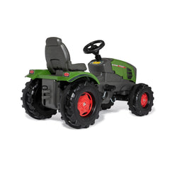 Rollyfarmtrac Fendt 211 Vario pedal tractor toy in green with black tires and red rims against a light background.