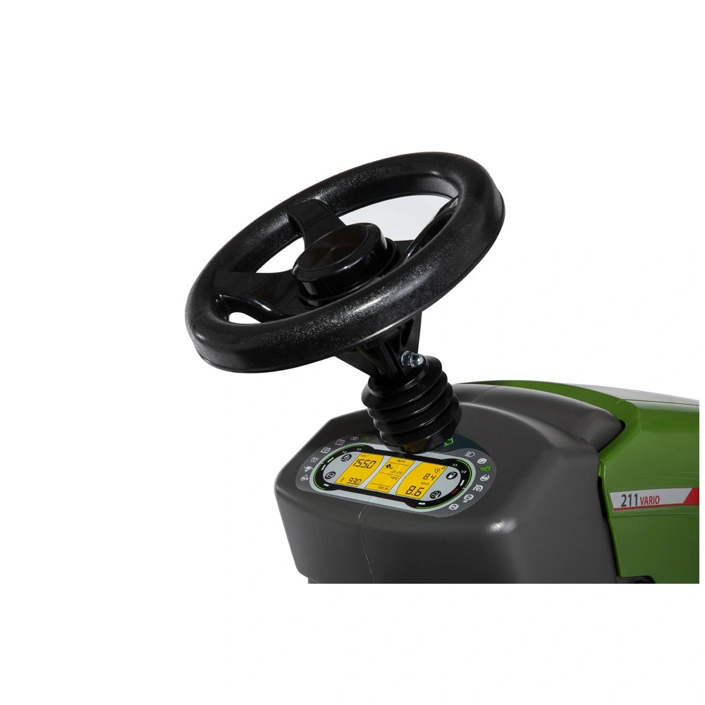 Rollyfarmtrac Fendt 211 Vario pedal tractor steering wheel features a textured black wheel with yellow and green accents.