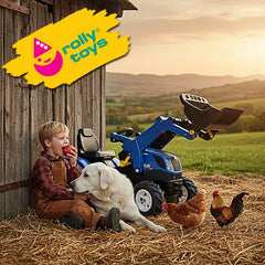 a rural setting featuring a young boy in plaid overalls, a white dog, and a blue toy tractor beside toy chickens.