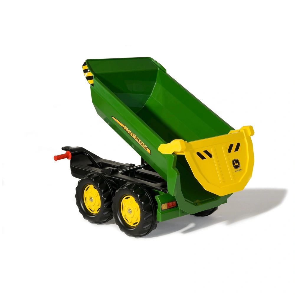 Rollyhalfpipe John Deere trailer features a bright green toy tractor with a yellow dump truck attachment and black wheels.