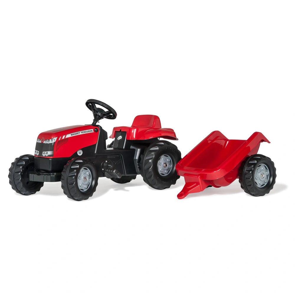 Rolly Toys Rollykid Mf Deere Tractor features a red plastic body with black wheels and a matching trailer beside it.