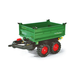 Green Rollymega trailer with a flatbed, black wheels with red rims, and "MEGATRAILER" logo on a white background.
