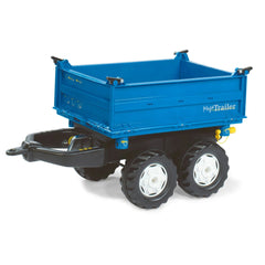 Blue utility trailer with a powder-coated metal finish, featuring a flatbed, side rails, and "MAXTRAILER" branding.