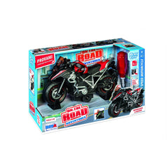 RS Tots motorcycle play set in a blue box features a red and black toy motorcycle with detailed design and accessories.