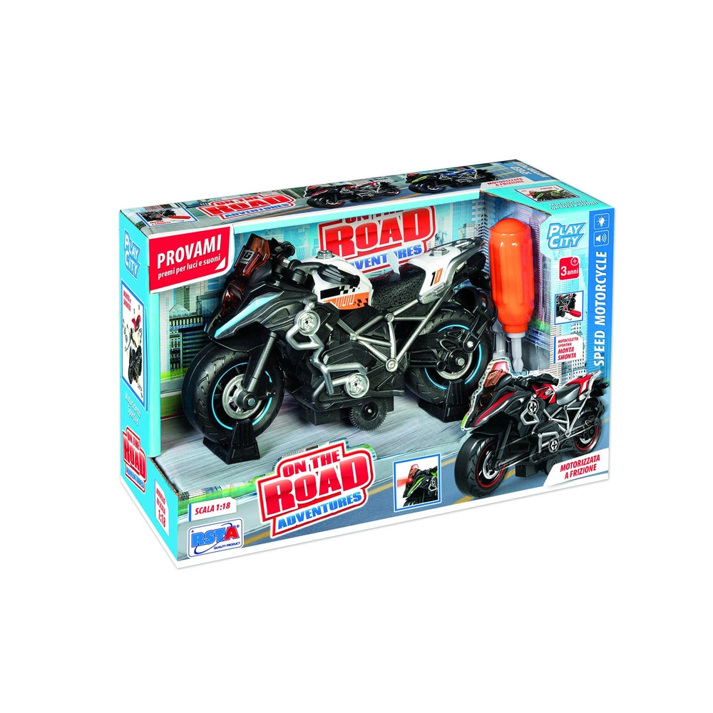 RS Tots motorcycle toy displayed in blue and white packaging, featuring realistic design and vibrant accents for imaginative 