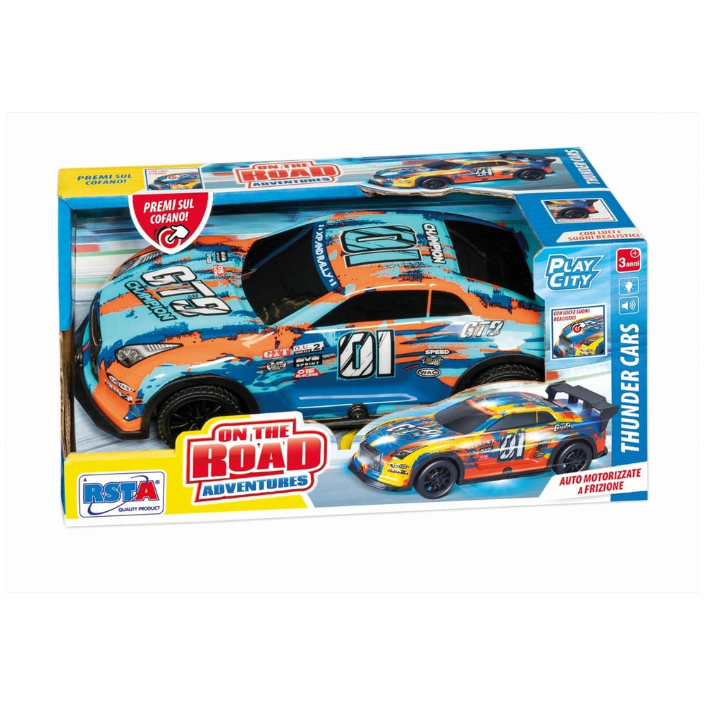 RS Tots Thunder Cars play vehicle set in vibrant orange and blue packaging with an open hood revealing detailed engine compon