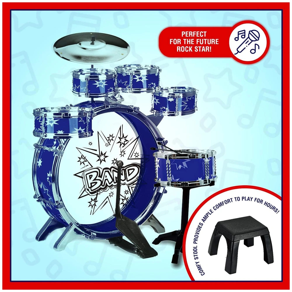 Junior Rock Band Ritmo Rock Drums toy set features a blue drum set with a cymbal, drumstick, and comfy black stool.