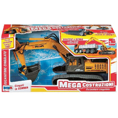 RS Toys Mega Costruzioni Escavatore Cingolato is a yellow construction vehicle with a crane and scoop in a cardboard box.