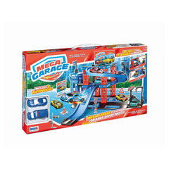 RS Toys Mega Garage Center box featuring a colorful toy set with a blue car, ramp, and two vehicles, designed for fun.