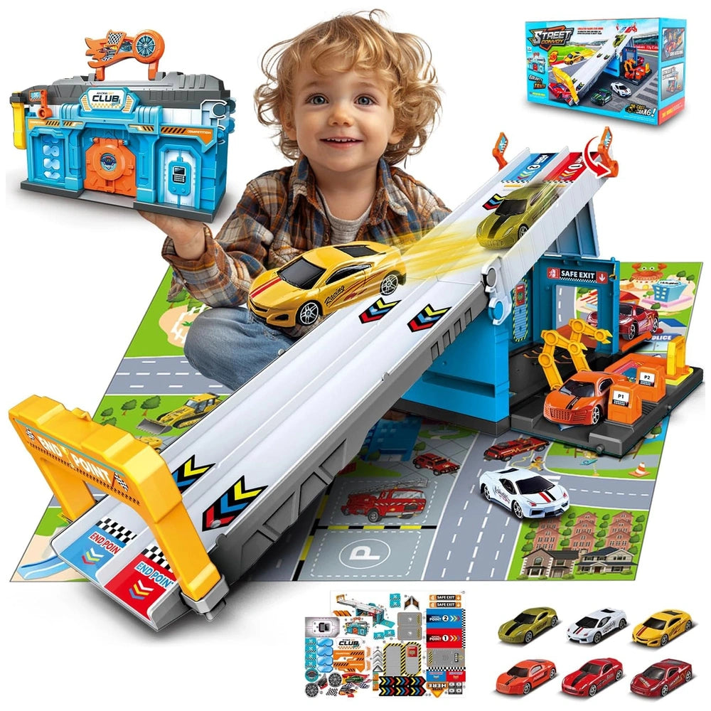 RS Toys Pista Pit Stop features a child playing with a yellow toy car on a blue road-designed mat with a toy ramp.