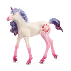 Mandala Unicorn Foal figurine with a white body, pink accents, and purple mane, standing against a white background.