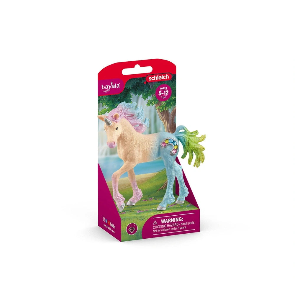 Marshmallow Unicorn Foal toy in pink packaging with a glossy finish, featuring a green horn and standing on grass.