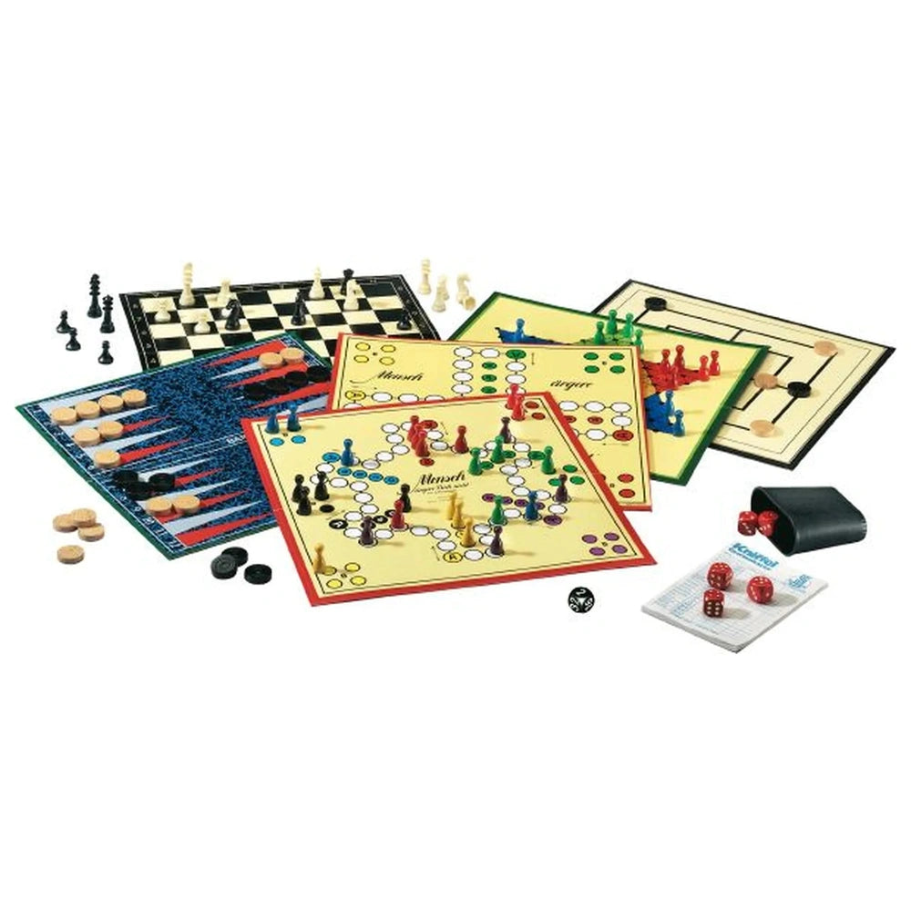 Schmidt Games classic board game collection features colorful game boards, cards, dice, and scattered game pieces on a light 