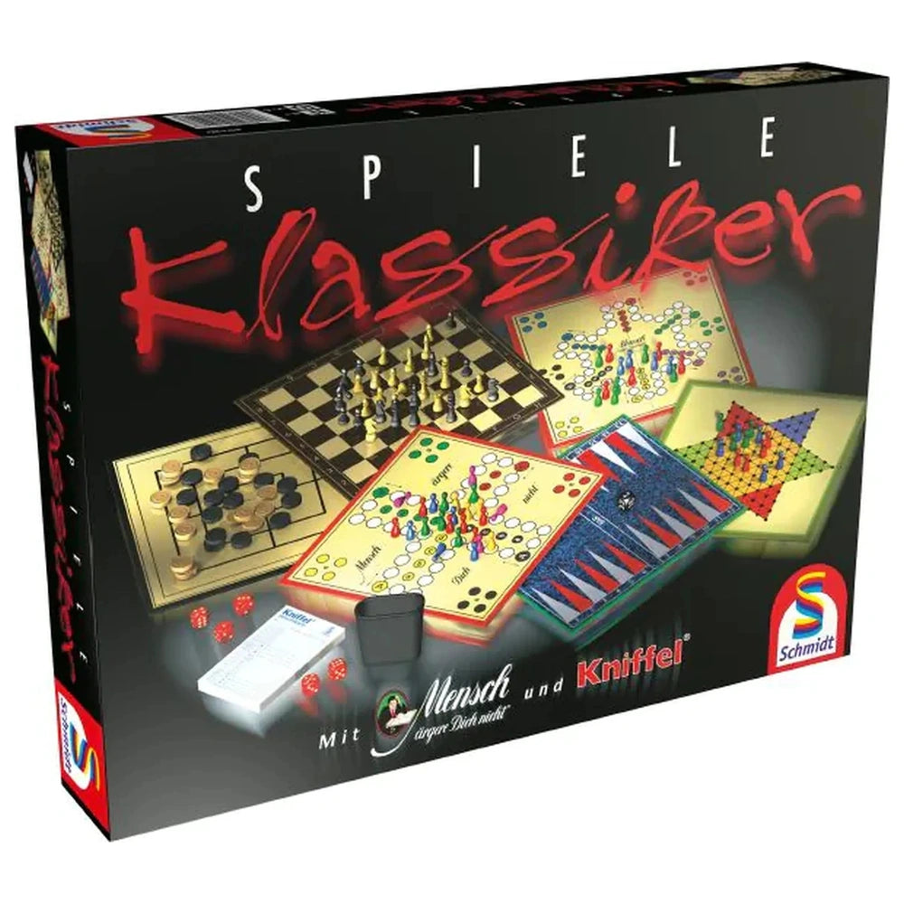 Schmidt Games Classic Games boxed set features a strategy game with colorful pieces, multiple boards, and German text.