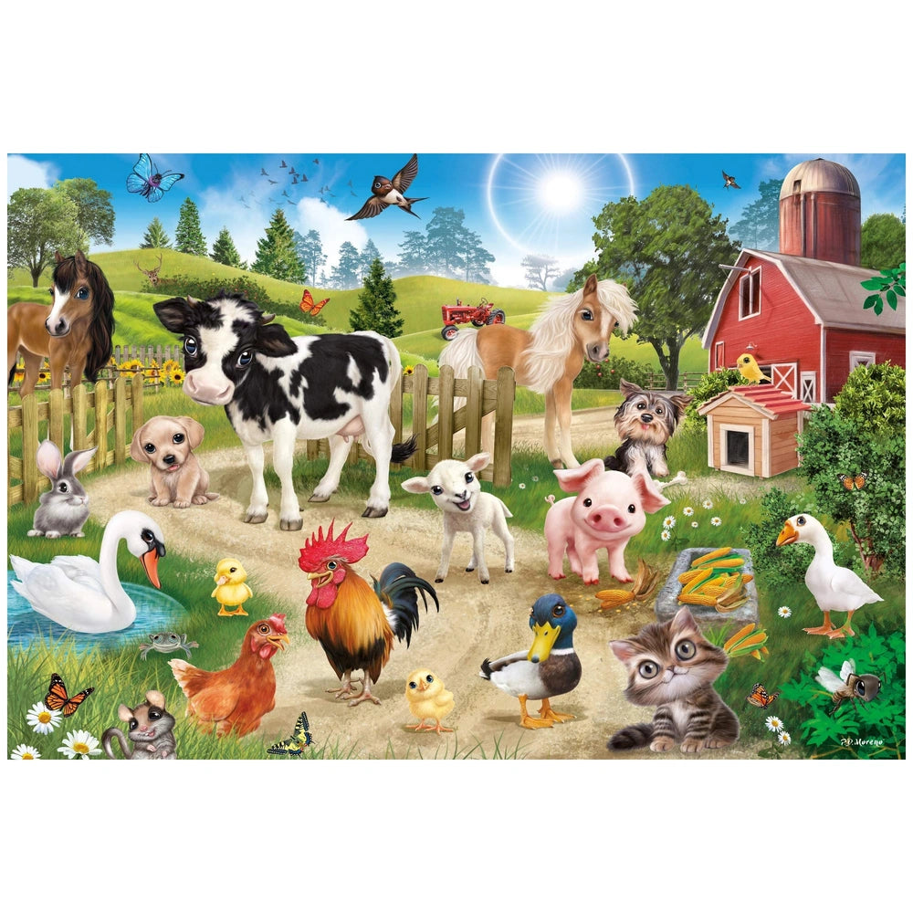 Schmidt Spiele Animal Club puzzle features a colorful farm scene with various friendly animals and a red barn under a blue sk