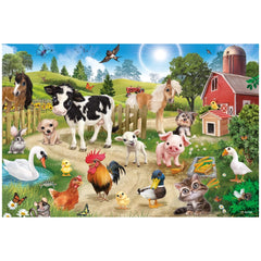 Schmidt Spiele Animal Club puzzle features a colorful farm scene with various friendly animals and a red barn under a blue sk
