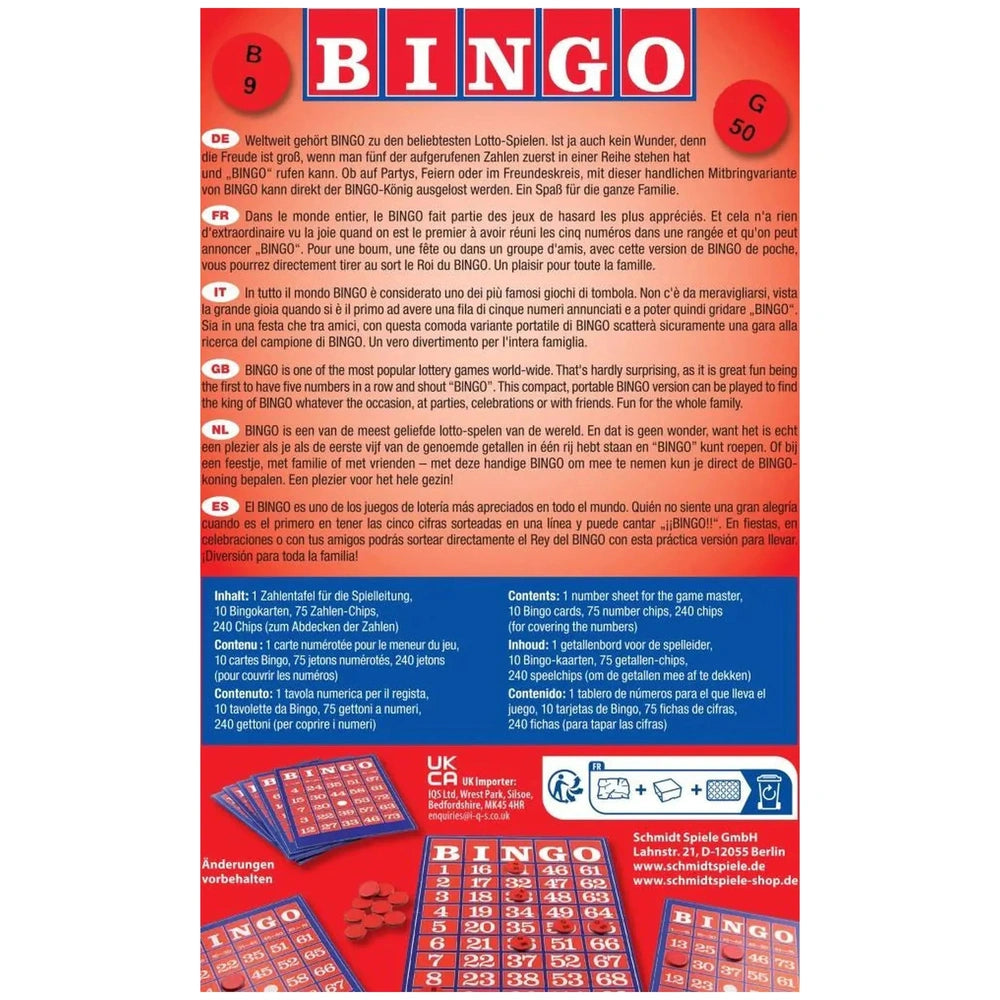 Schmidt Spiele Bingo board game graphic featuring colorful text, Bingo cards, and chips on a red background.