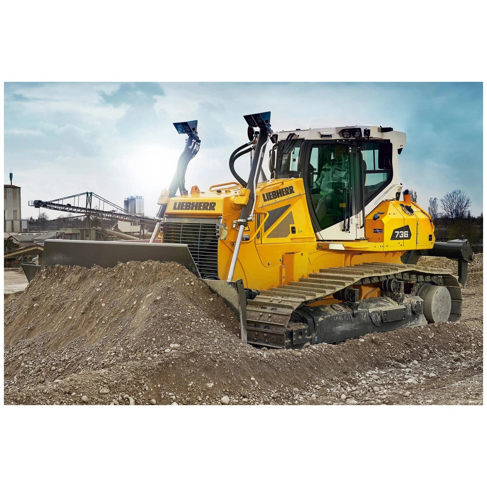 Bulldozer parked on dirt at a construction site, featuring a yellow body, black bucket, and clear blue sky background.