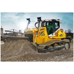 Bulldozer parked on dirt at a construction site, featuring a yellow body, black bucket, and clear blue sky background.