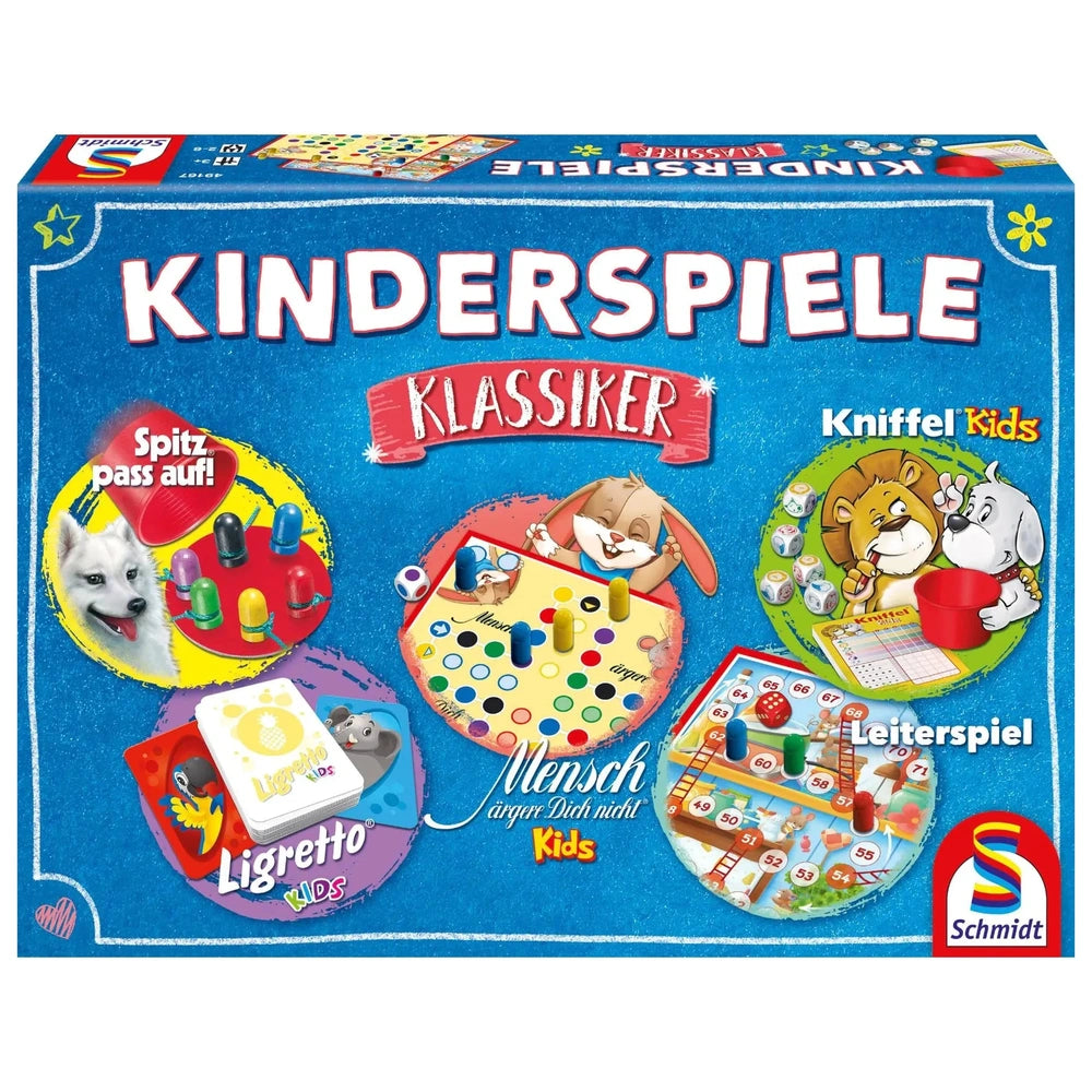 Schmidt Spiele children's board game box titled "KINDERSPIELE Klassiker" features colorful graphics and playful game componen