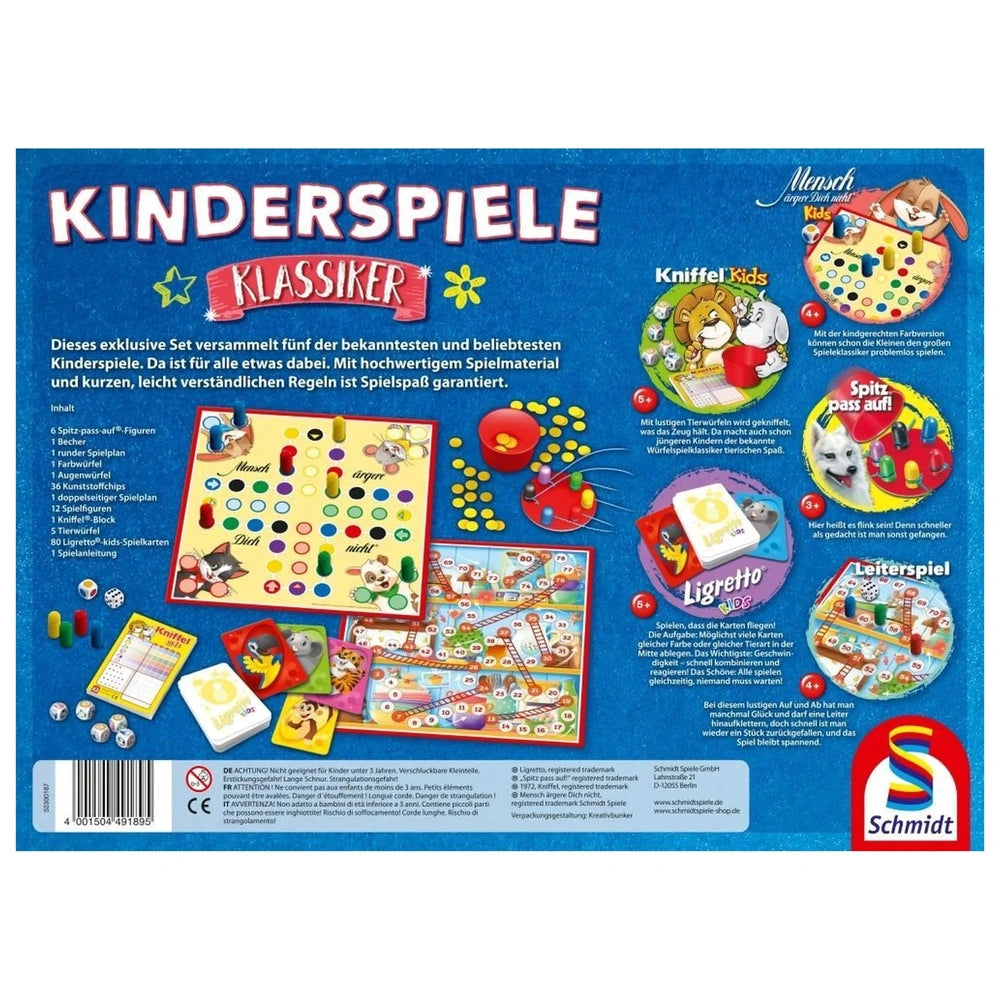 Schmidt Spiele children's board game features colorful components, including a grid board, dice, and vibrant character cards.