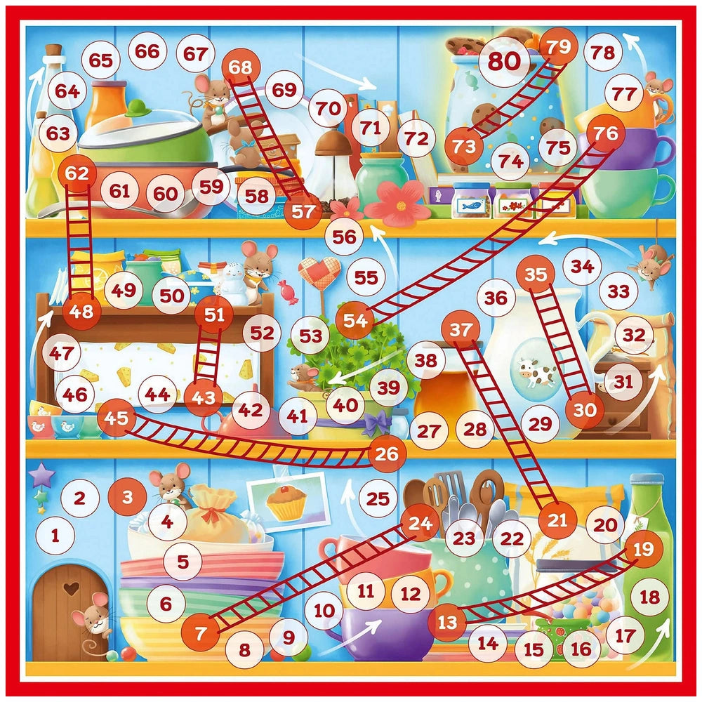 Schmidt Spiele children's board game features a colorful train track design with vibrant illustrations of various playful sce