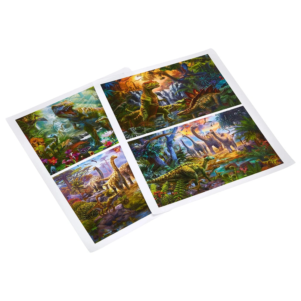 Schmidt Spiele Dinos puzzle box features vibrant dinosaur illustrations in a lush, tropical setting on a glossy metal case.