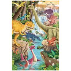 Dinosaur Fun puzzles feature a vibrant prehistoric scene with playful dinosaurs in a lush, tropical environment.