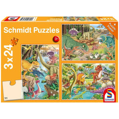 Schmidt Puzzles box featuring vibrant dinosaur illustrations and jungle scenes, designed for children's 3x24 piece puzzles.