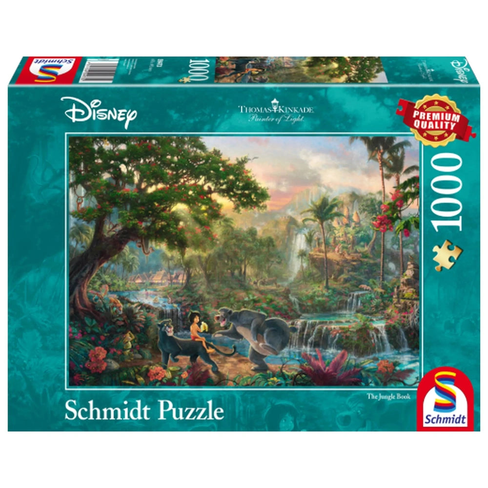 Schmidt Spiele's Disney Jungle Book puzzle box displays vibrant jungle artwork and visible interlocked pieces for a colorful 