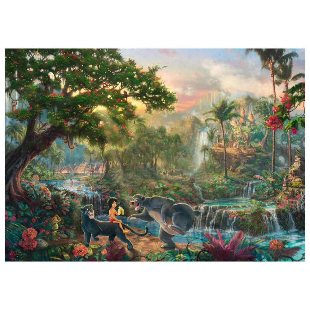 Schmidt Spiele Disney Jungle Book puzzle features a vibrant jungle scene with a friendly bear, a girl, and a waterfall backdr