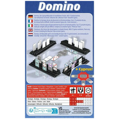 Schmidt Spiele Domino board game features a glossy blue board with colorful pieces and cards arranged for gameplay.