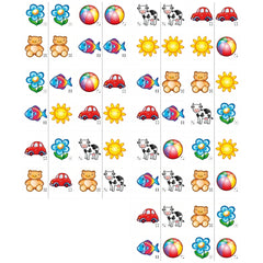 Schmidt Spiele Domino Junior features colorful icons of animals and objects like a teddy bear, fish, car, cow, sun, and flowe