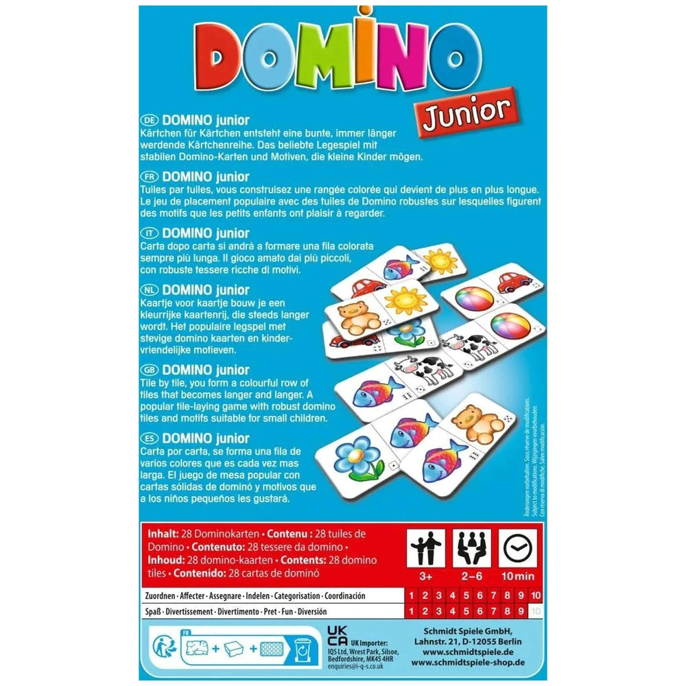 Schmidt Spiele Domino Junior features vibrant illustrations and bold text, designed to engage and attract children's attentio