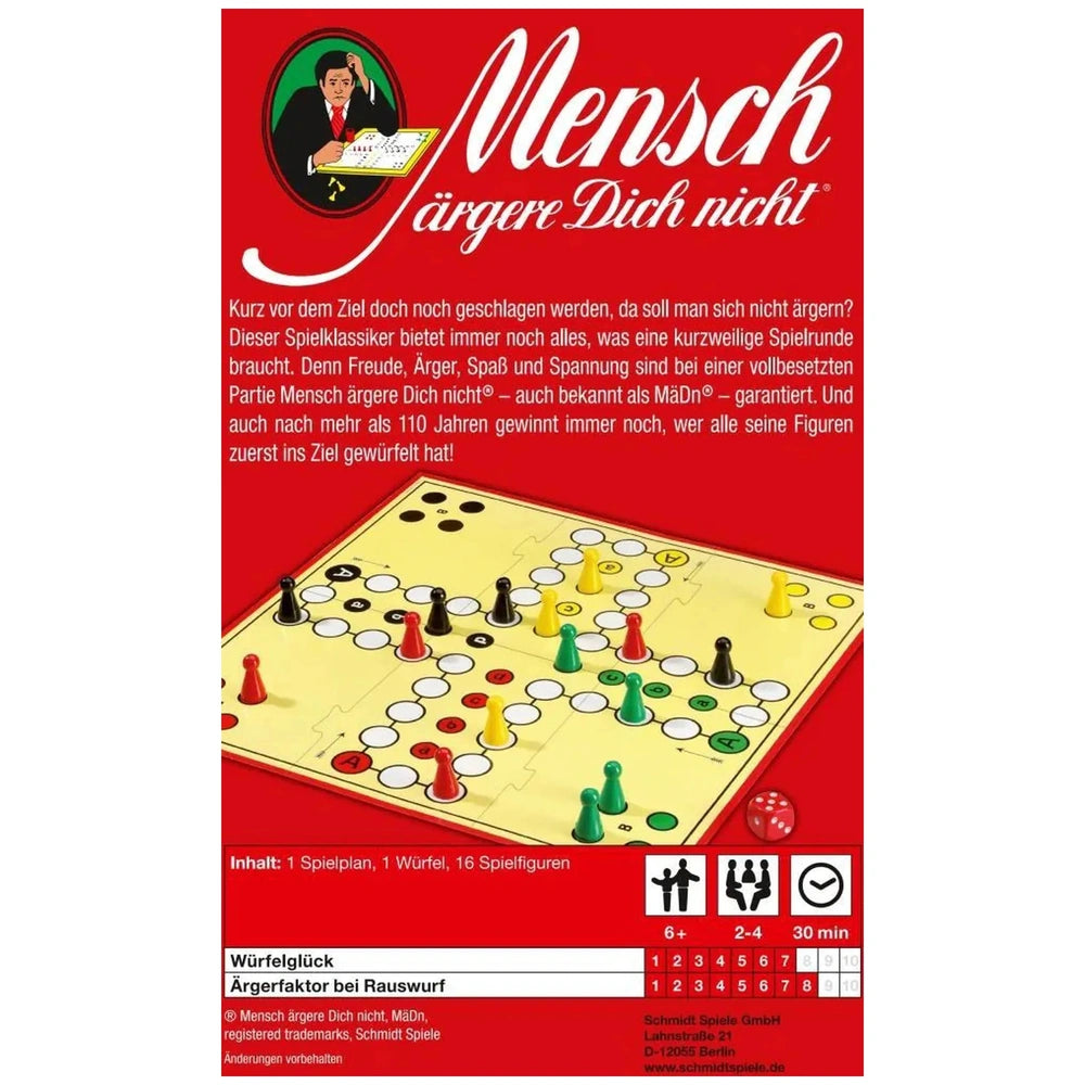 Schmidt Spiele's Don't Bother Me board game features a vibrant red and yellow grid with colorful game pieces in play.