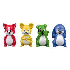 Colorful cartoon animal figures in red, yellow, green, and blue, made of glossy material, standing upright against a white ba