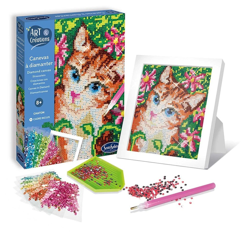 Sentosphere Art Creations Diamond Canvas Kit includes components for a cross-stitch cat picture with colorful beads and a fra