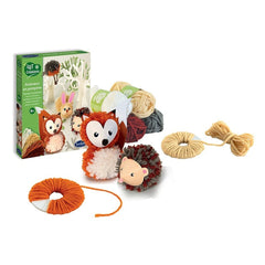 Sentosphere Arts-Creations-Pompom-Animals kit featuring colorful yarn, a hedgehog plush toy, and a decorative box.