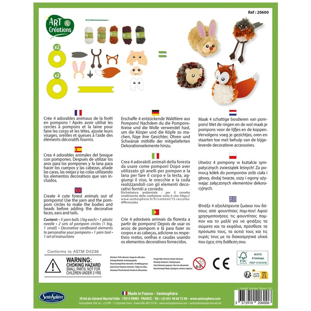 Sentosphere Arts-Creations-Pompom-Animals label featuring colorful graphics, animal-themed items, and safety information.